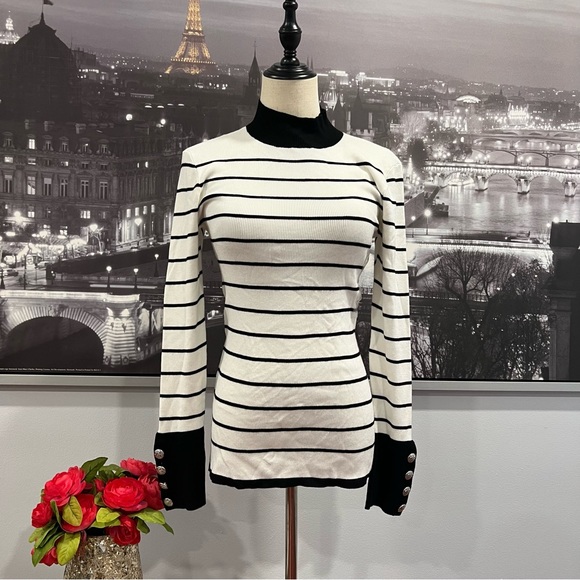Guess Women's White & Black Striped Sweater With Button Accent Detail / Large - Picture 6 of 13
